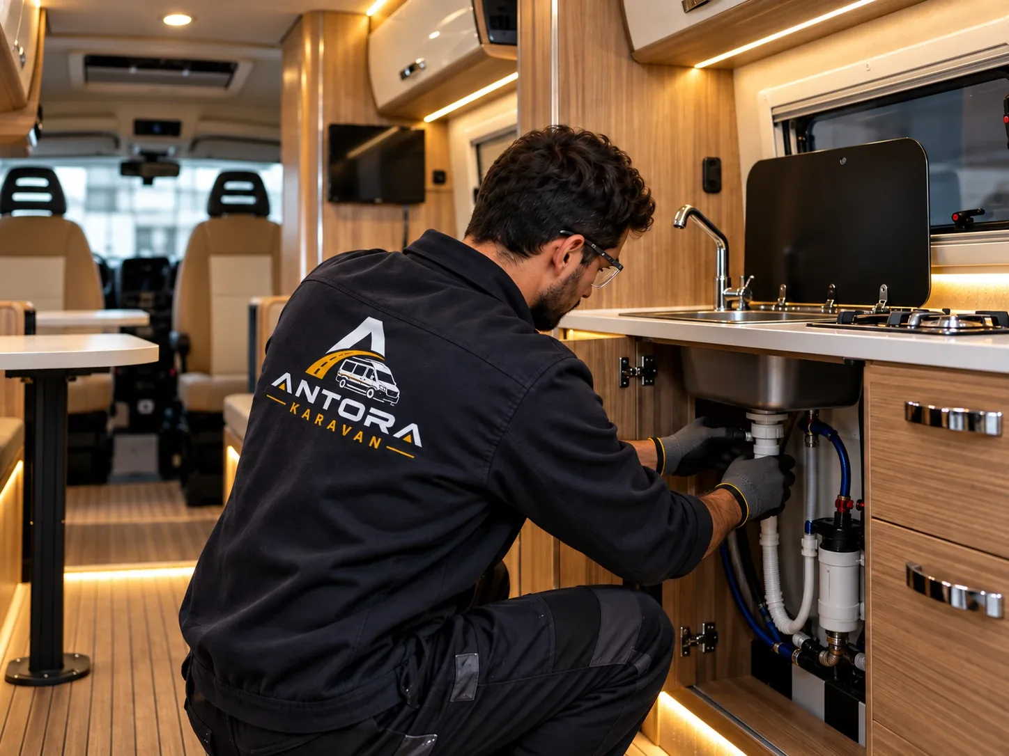 Karavan mutfağında lavabo altı su tesisatı montajı