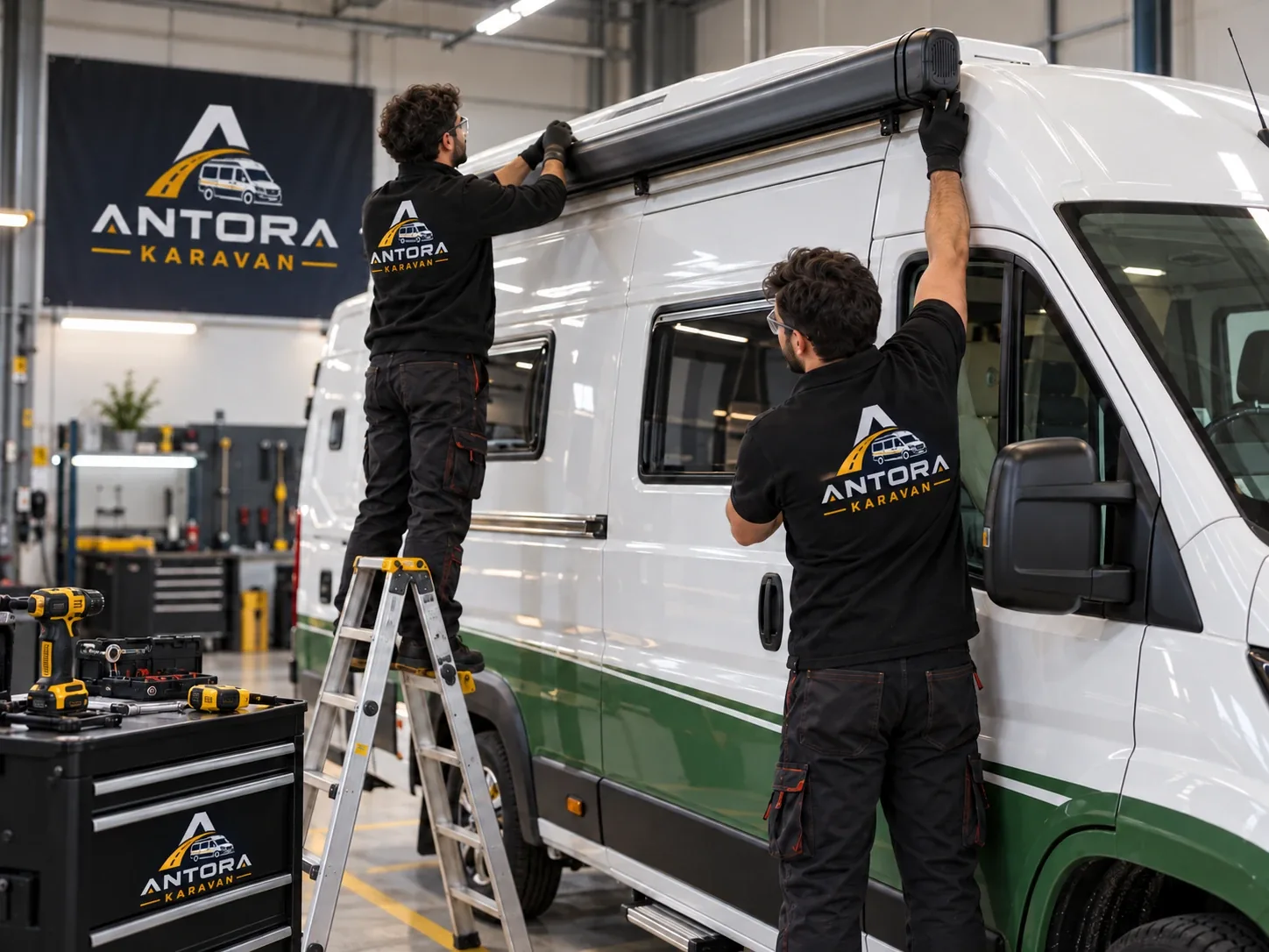 Antora ekibi karavan üzerinde planlama ve kurulum çalışması